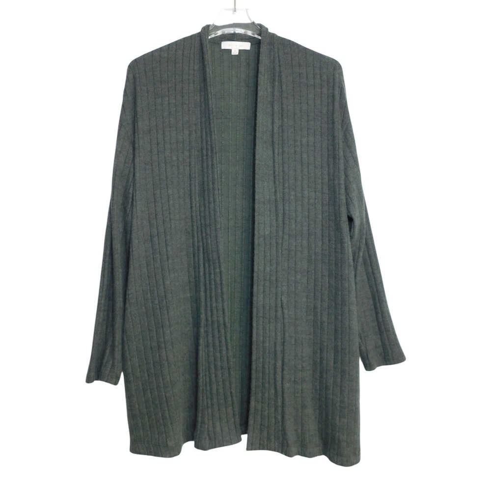 Eri + Ali Cardigan Women M Green Ribbed Open Front Long Sleeve Knit Sweater